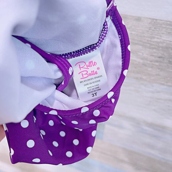 RUFFLEBUTTS 2 Piece Rashguard Swimsuit Purple White Polka Dot Toddler Girl 3T - Picture 8 of 8